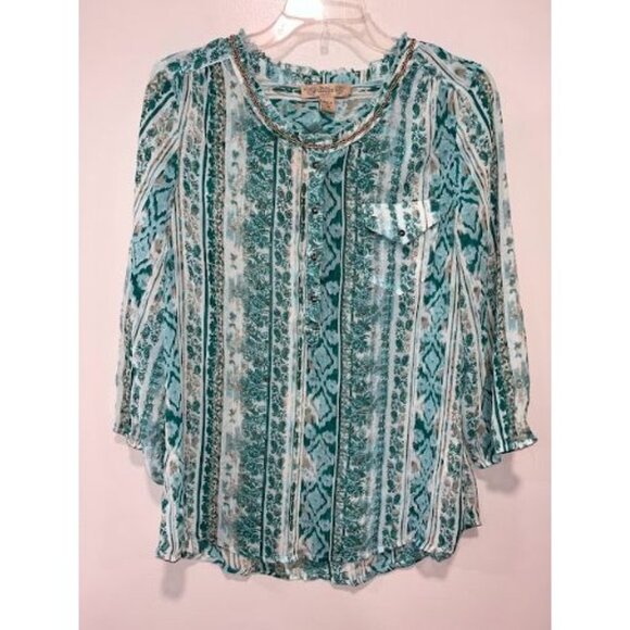 Nine West Women's Boho-Inspired Turquoise & White Striped Top‎ Medium - Picture 1 of 10